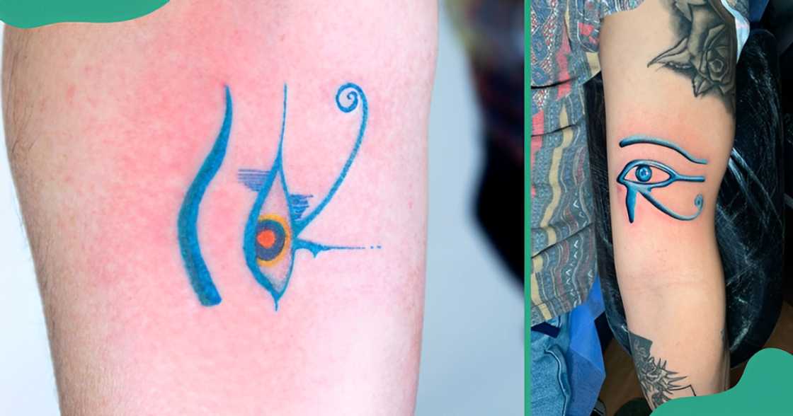 Blue ink Eye of Horus tattoos on a leg and an arm.