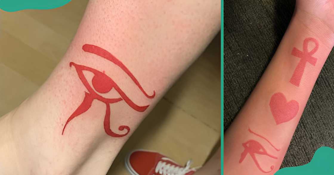 Red ink Eye of Horus tattoos on a leg and an arm