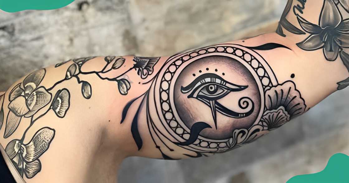 Eye of Horus tattoos in a black and grey colour theme on the inner bicep.