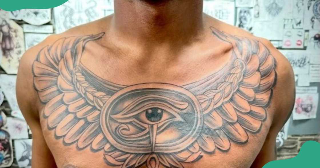 An Eye of Horus tattoo on the chest