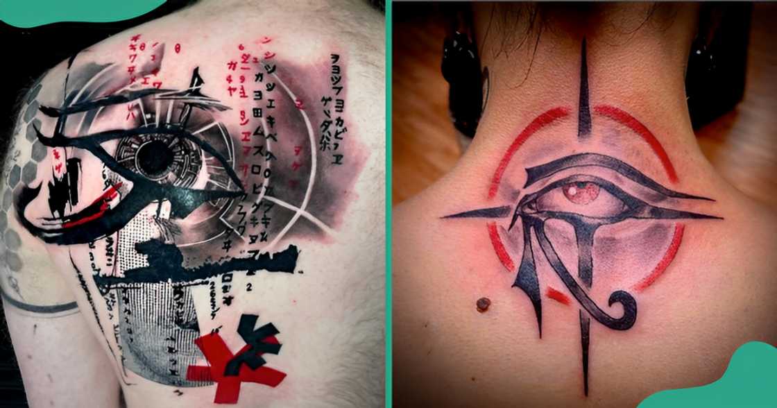 Red and black Eye of Horus tattoos on the shoulder and back