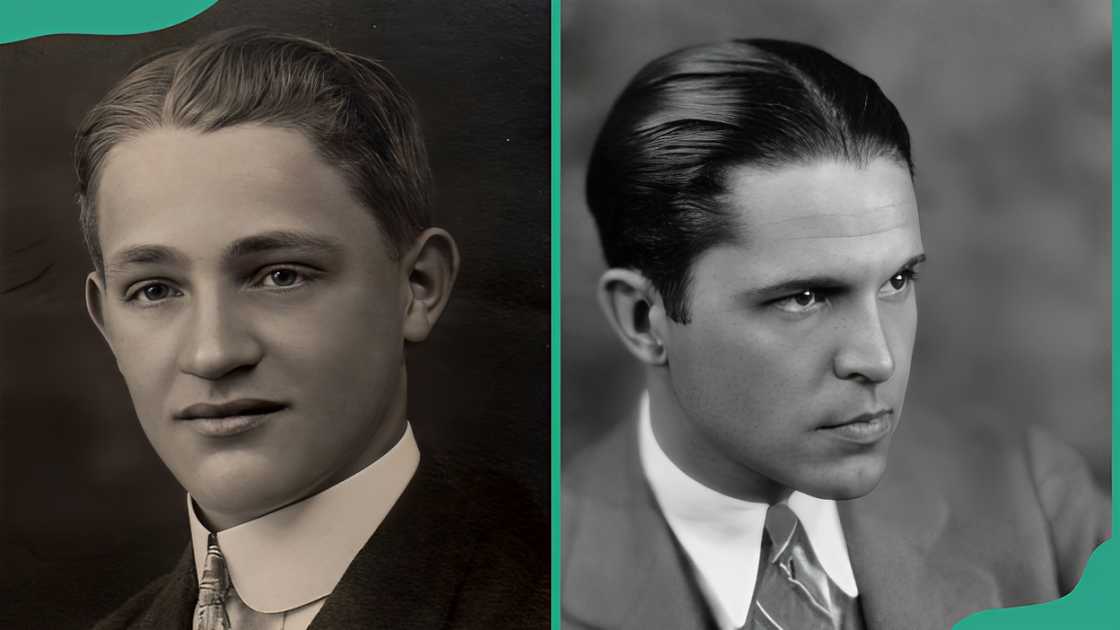 Two men displaying the 1920s middle parted slicked back hairstyle