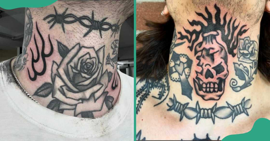 Throat tattoos with a barbed wire design