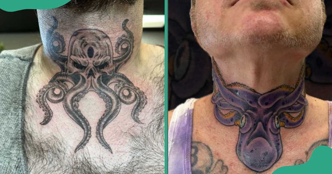 Throat tattoos with a black and purple octopus design.