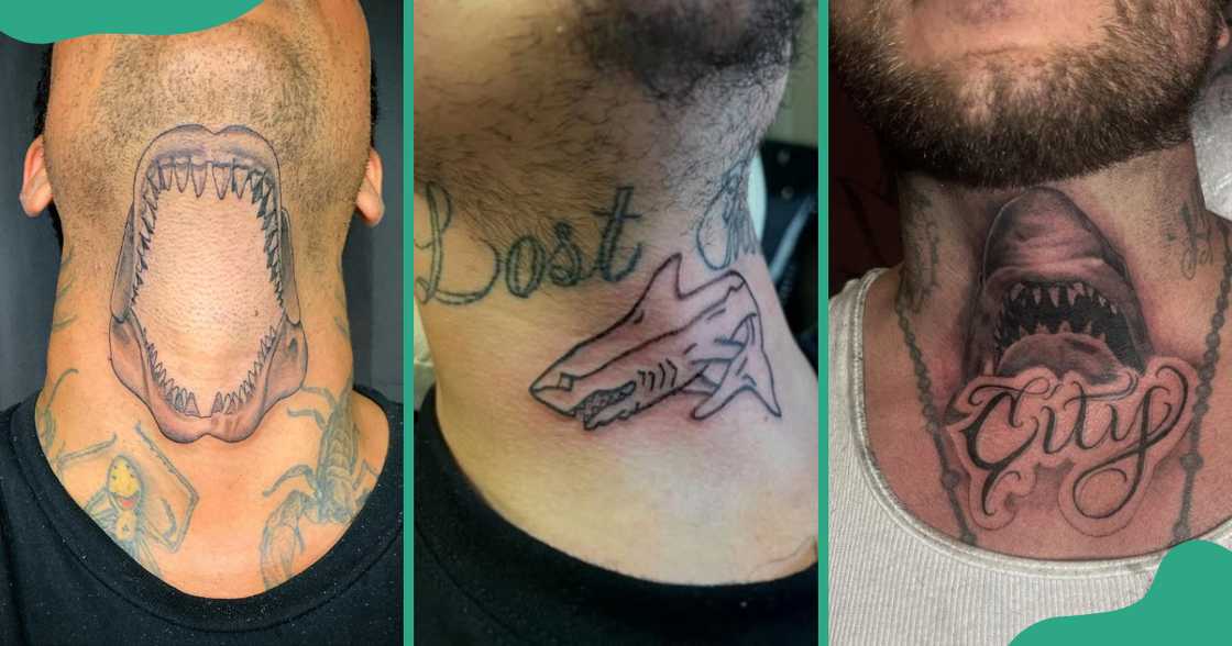 Throat tattoos with different shark designs.