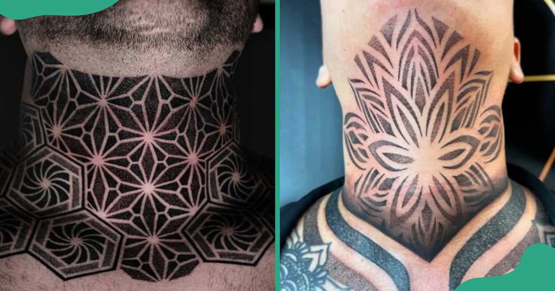 Two types of throat tattoos with a symmetrical petal design.