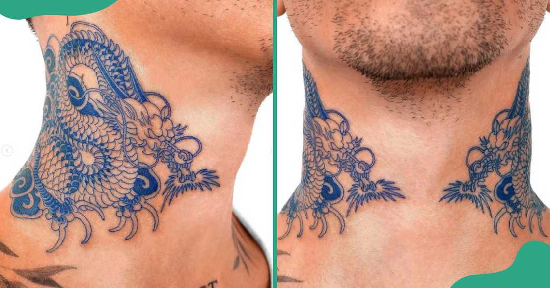 A blue nature-inspired throat tattoo with dragons on both sides.