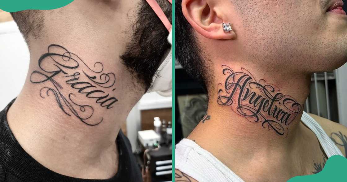 Script tattoos in cursive styles on two men's throats