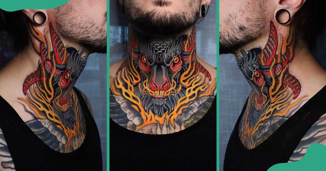 A neotraditional throat tattoo pictured from different sides.