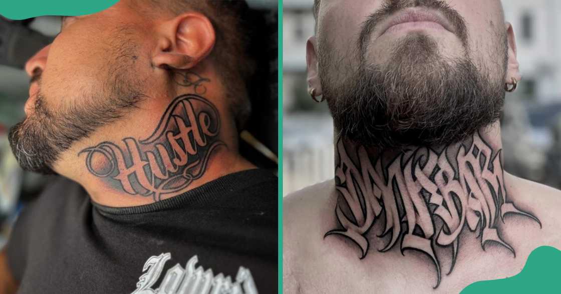 Negative script styles on throat tattoos