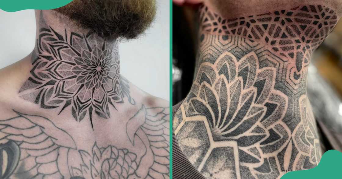 Two black and grey throat tattoos with geometric designs.