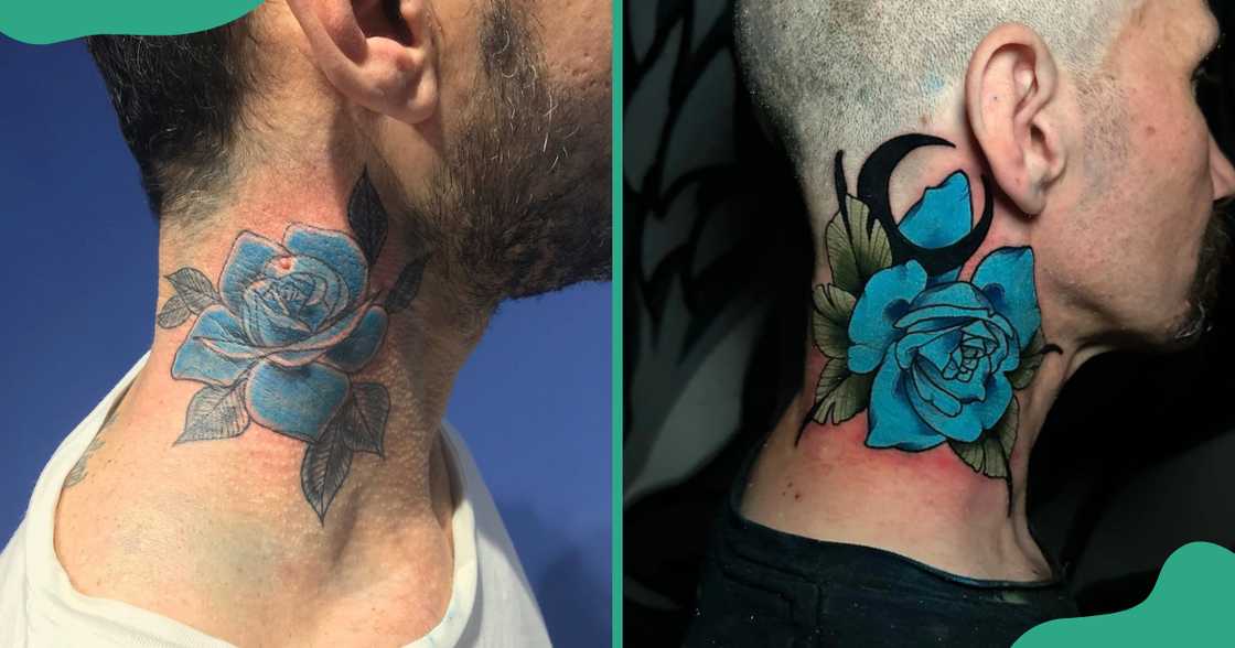 Blue roses on throat tattoos