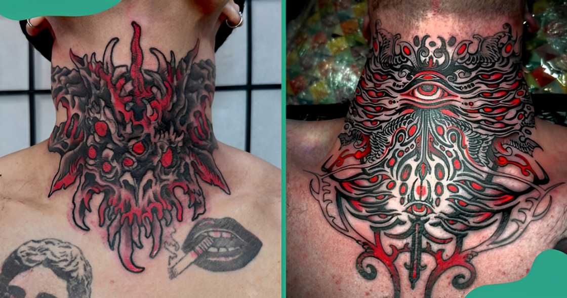 Red and black throat tattoos with seraphim designs