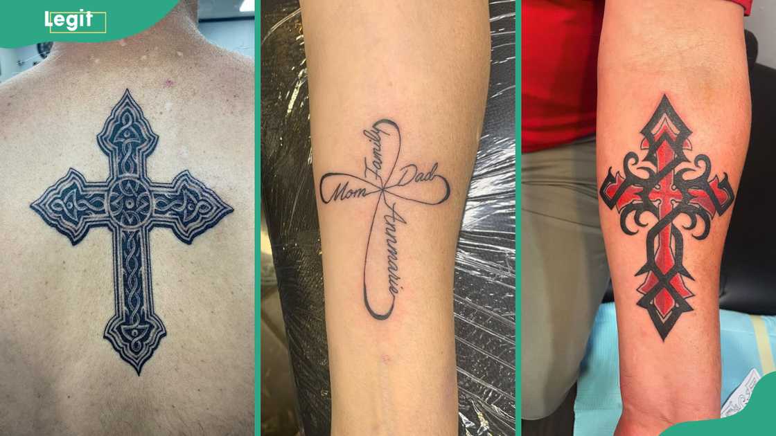 Celtic cross (L), Family Infinity Cross (C) and Tribal Cross (L) tattos