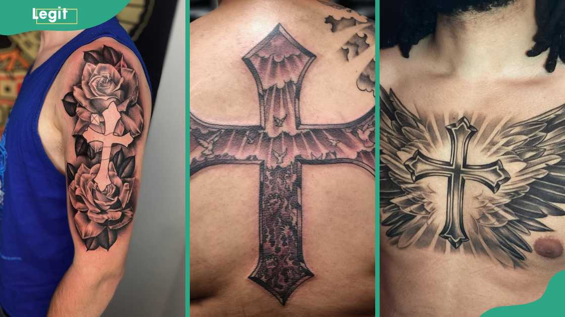 Rose and cross (L), Iron cross (C) and Angel wings cross (R) tattoos