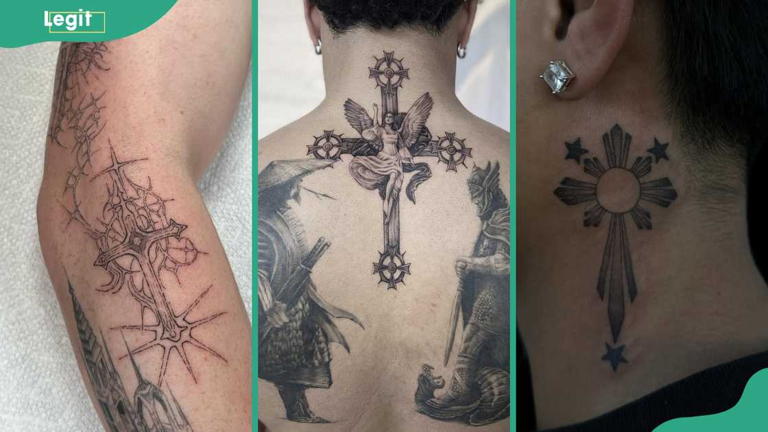 Gothic cross (L), Angel on a cross (C) and A sun inspired cross (R) tattoos