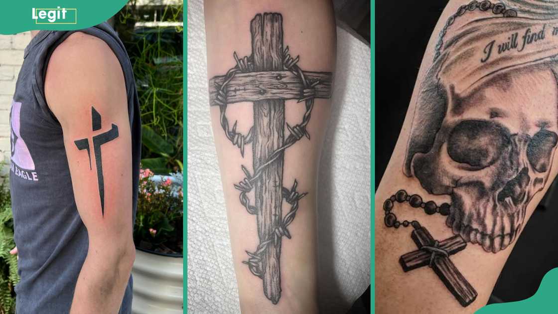 3D cross (L), barbed wire cross (C) and skull and cross (R) tattoos