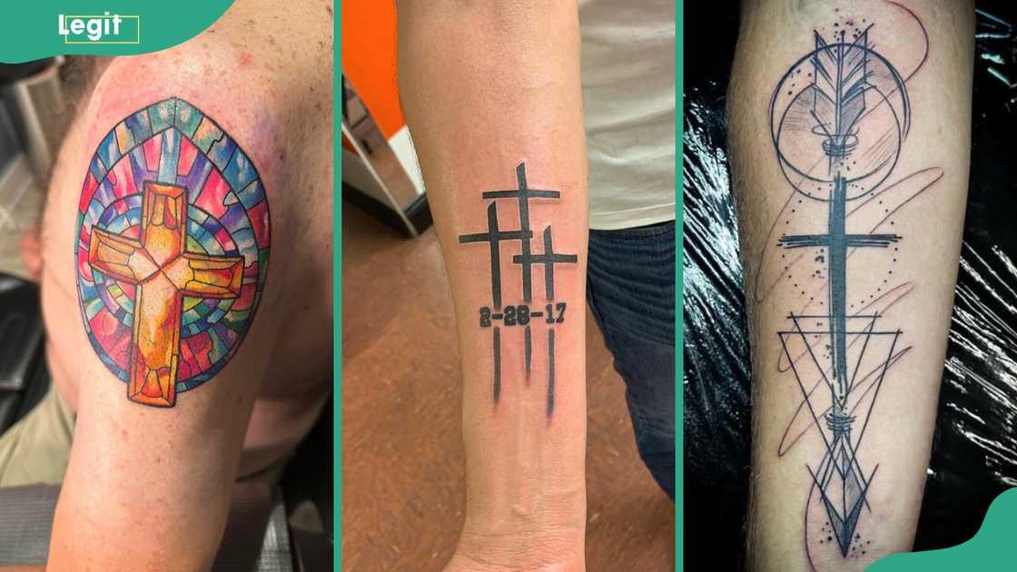 Stained glass cross (L), cross with a date (C), Arrow cross (L) tattoos.