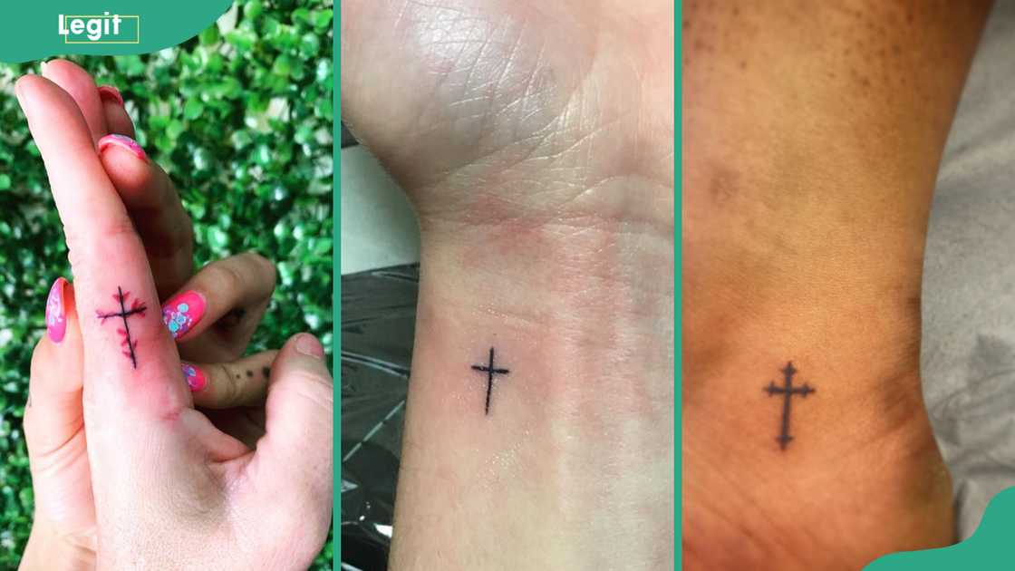 Tiny cross on finger (L), Small cross on the wrist (C) Tiny cross on the ankle (R)