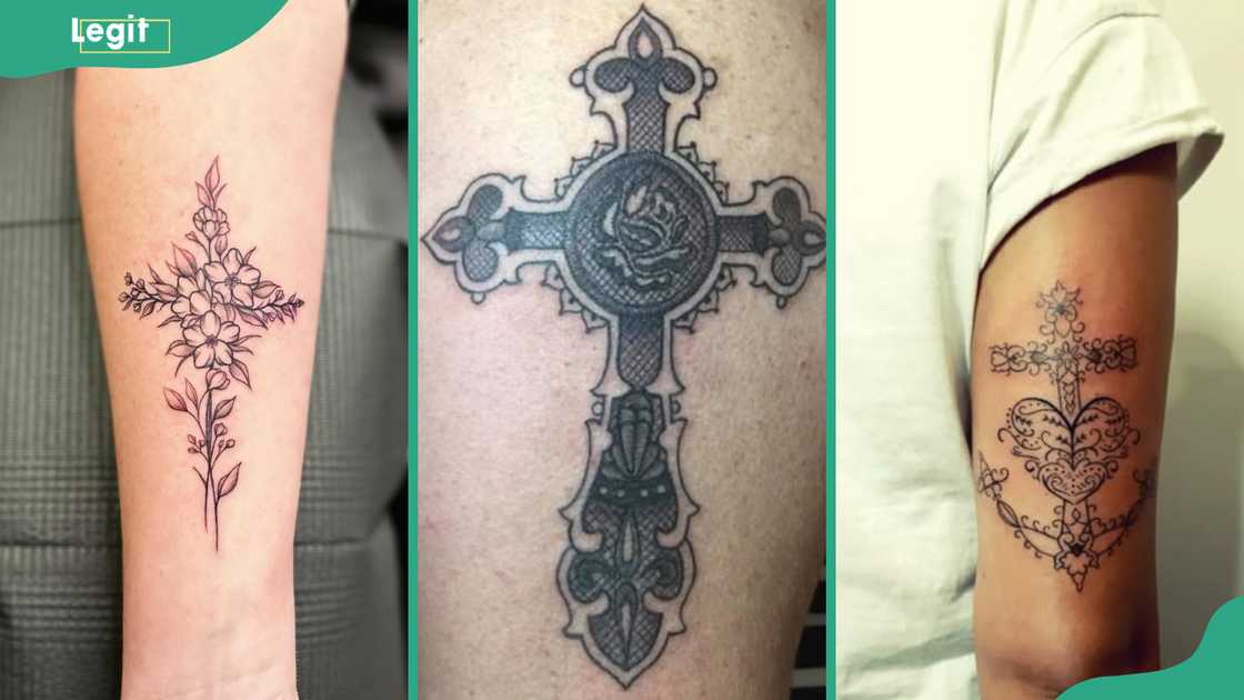 Floral cross (L), lace cross (C) and cross-heart-anchor (R) tattoos