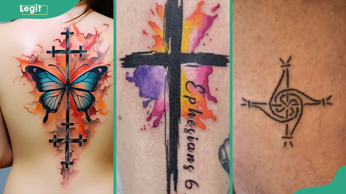 Butterfly cross (L), watercolour cross (C) and St brigid's cross (R) tattoos