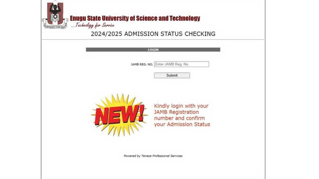 A screenshot of ESUT's admission status-checking portal