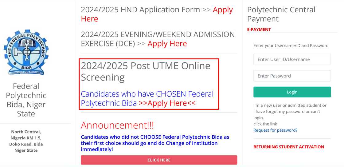 Federal Poly Bida post UTME online screening