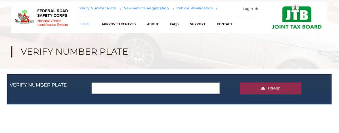 Screenshot of the FRSC plate number verification portal