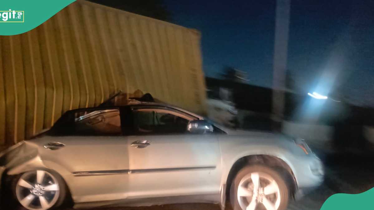 Container Truck Falls on Car, Lagos Couple Miraculously Survives Without Injury, Video, Photo Emerge