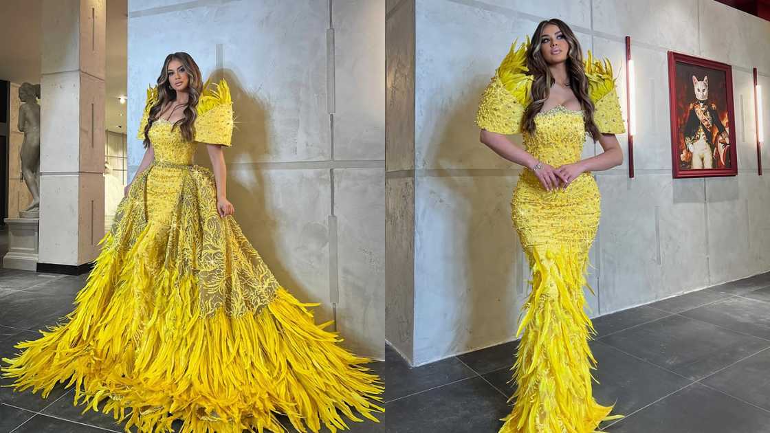 Yellow feathered gown