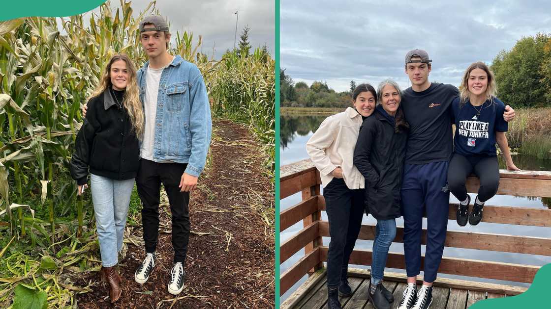 Matt with his sister Alley around the shamba (L) Matt and his mom and sisters alongside a dam (R)