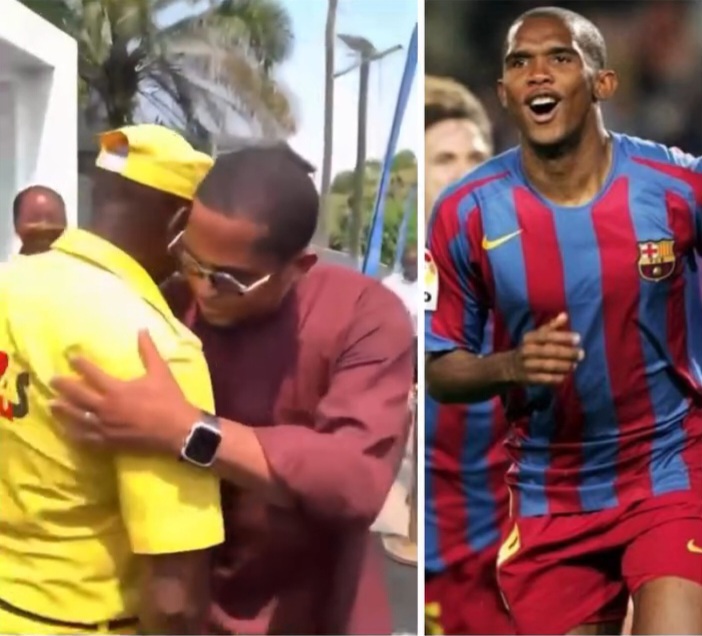 Watch emotional moment Samuel Eto'o bumps into old teammate working as a security guard (video)