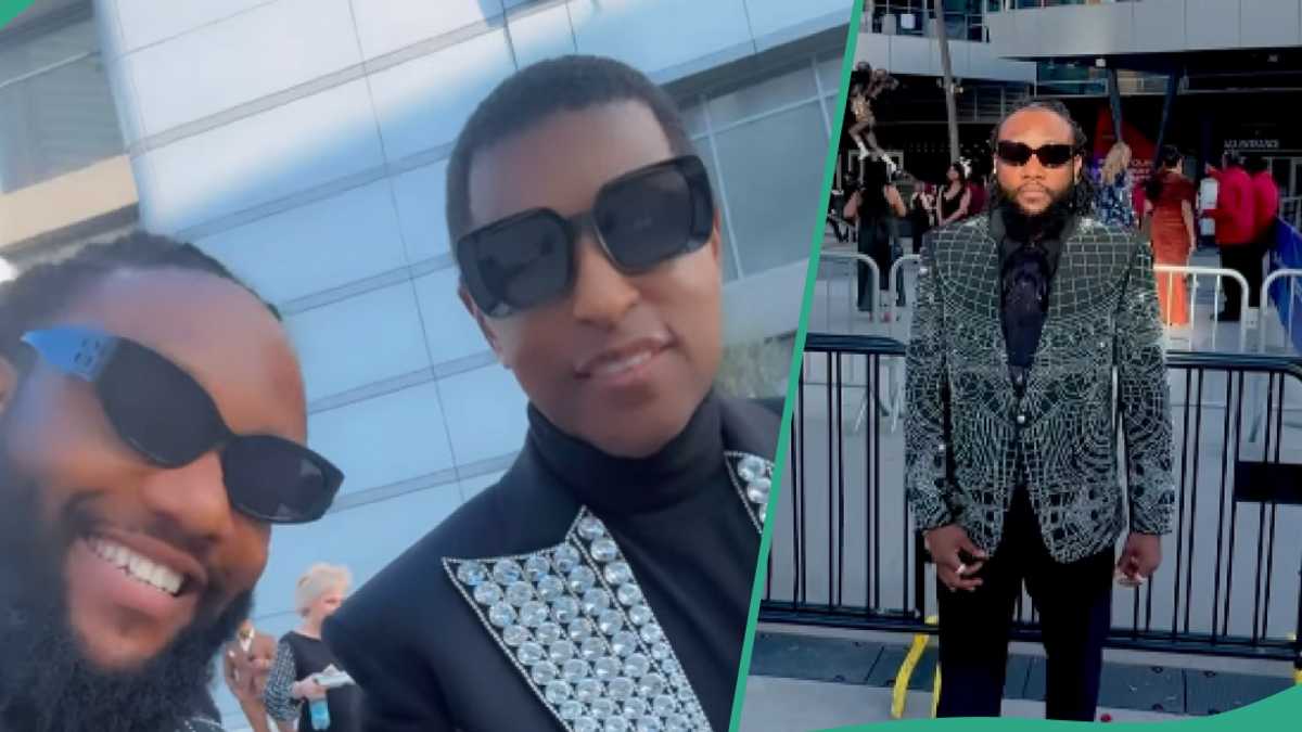 Grammys 2025: Singer KCee Dazzles in Sliver Embroidered Suit, Shares Moment With Rapper Babyface