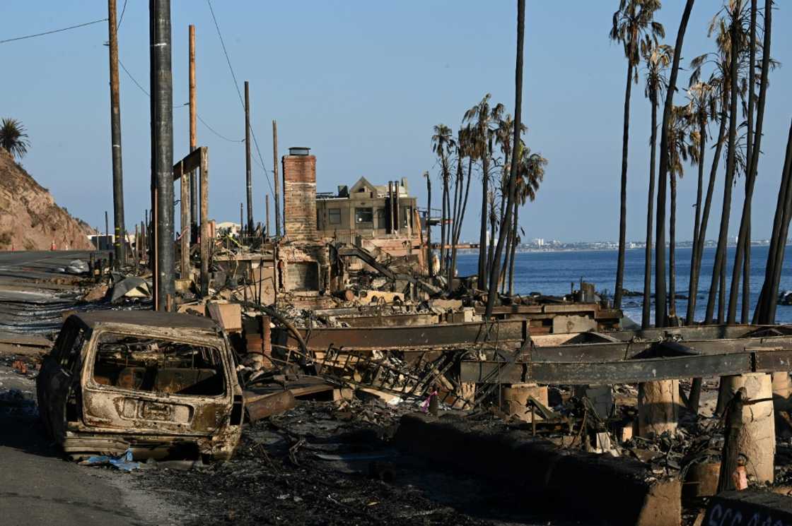 The remains of waterfront homes destroyed in the Palisades Fire are seen in this drone aerial photo along the Pacific Coast Highway in Malibu, California, on January 17, 2025