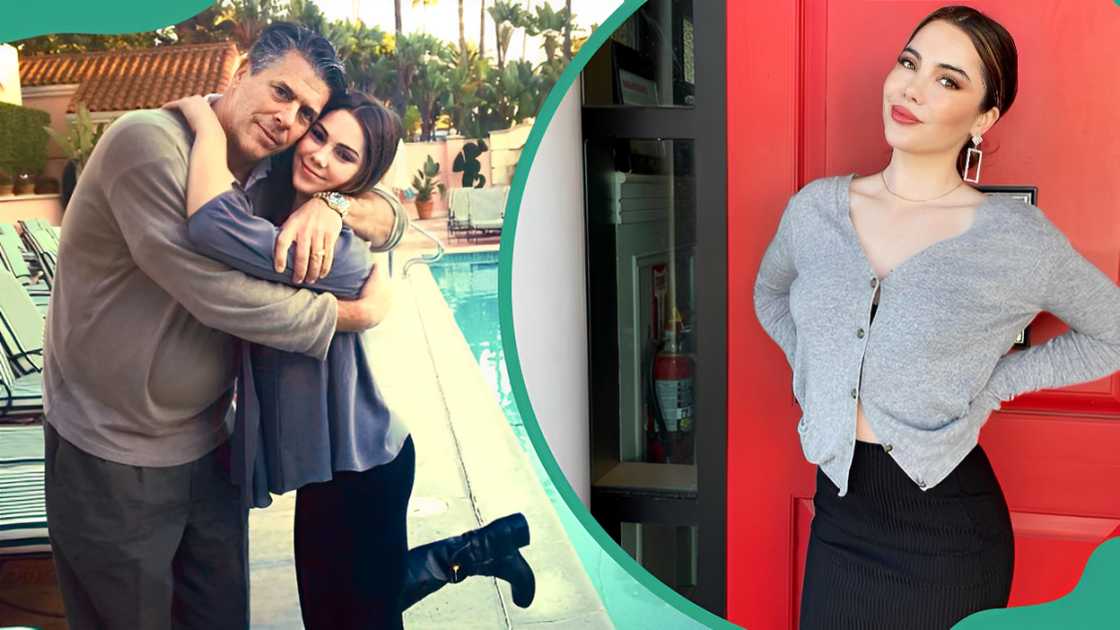 McKayla Maroney hugging her father Mike Maroney (L). McKayla Maroney posing with both her hands on her waist (R).