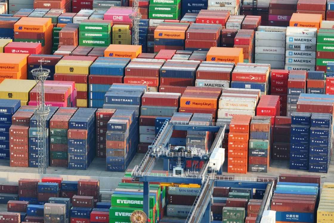 Containers awaiting export at Nanjing port in China's eastern Jiangsu province on February 4