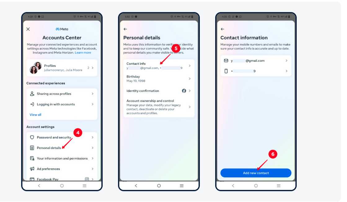 Process of accessing the "Accounts Center" on IG