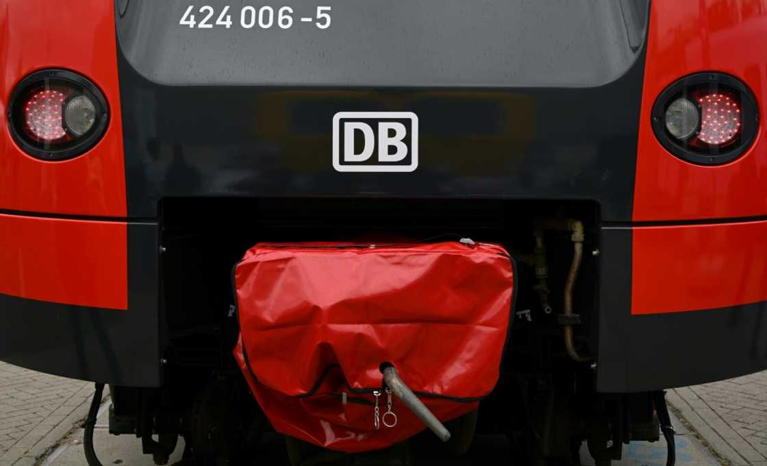 A wagon with the logo of German rail operator Deutsche Bahn (DB) at an industry fair on September 24, 2024 in Berlin